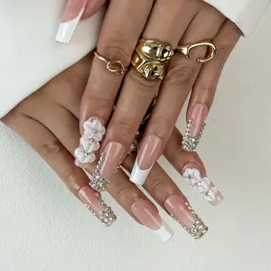 Glarein Nails | Clean Girl – 10PCS Handmade Press-On Nails, Reusable & Salon Quality with 3D Floral Embroidery & Rhinestones