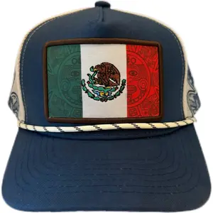 Mexico Flag Cap Mesh - Navy Blue Trucker Hat with Mexican Flag Design and Traditional Crest Emblem