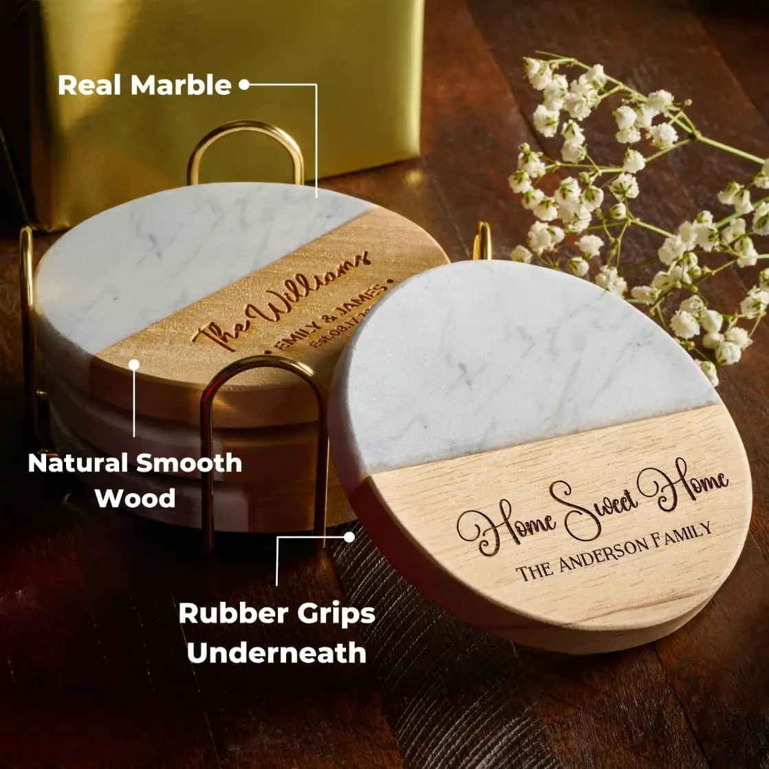 Custom Coasters Set of 4, Personalized Housewarming Gift, Engraved Gifts for New Home, New House Gifts for Couple