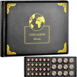 Coin Collection Supplies Holder Book for Collectors 300 Pockets Coin Collection Organizer Storage Box Case Album for 20/25/27/30/38mm Coin Earth pattern black