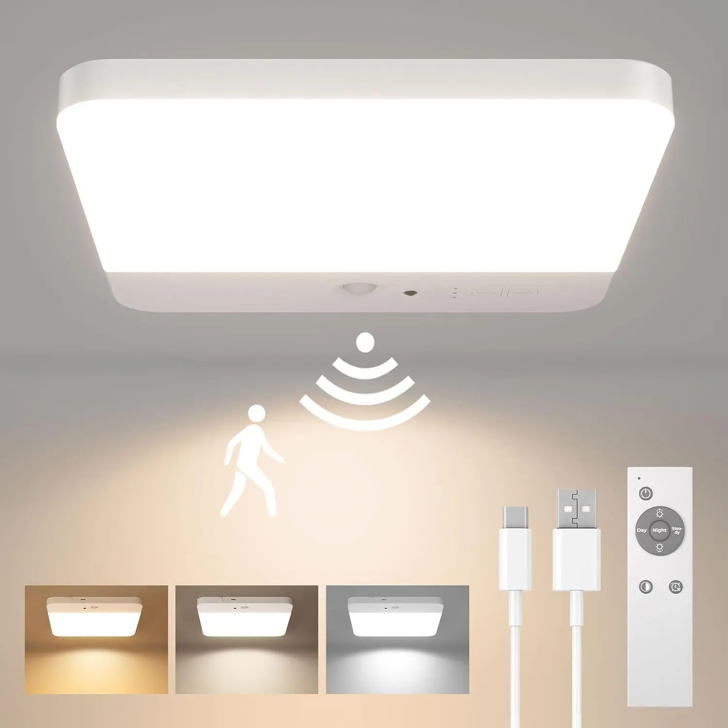 Rechargeable Ceiling Light , 3 Color Modes,Auto Shut-Off Automatic Light, Ceiling-Mounted Changing Rechargeable Spot for Closet, Stairs, Motion Sensor Ceiling Lights