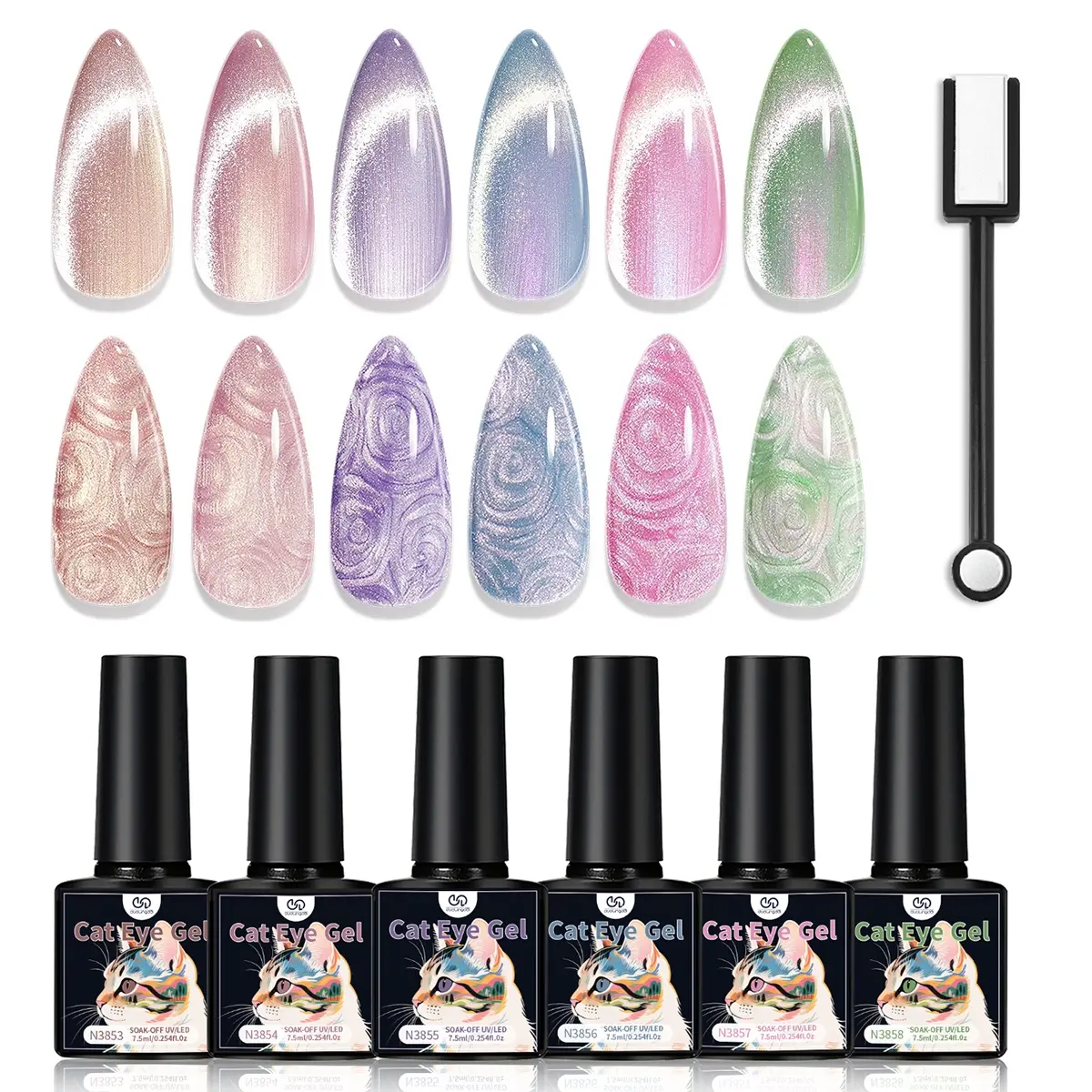 7 Piece Cat Eye Nail Art Set, Includes 6 Bottles 7.5ML Glitter Smooth Soak Off UV Nail Gel Polish & Magnetic Tool, Perfect Christmas Gift for Nail Enthusiasts