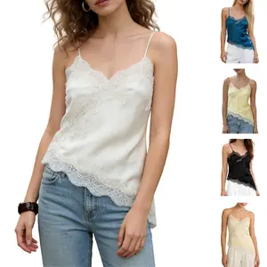 YeeZaa Women's Satin Lace Trim Cami Top Y2K Deep V Neck Spaghetti Strap Asymmetrical Hem Sexy Tank for Going Out  Vacation & Summer Party 2026 tiktokshopspringglowup