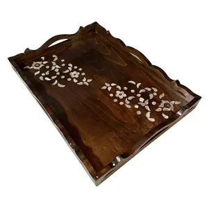 Rectangular Dark Wood Tray with Carved Edges and Petals and Leaves Design – Elegant Middle Eastern Decor