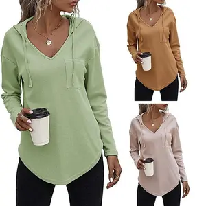 Women’sVNeckLongSleeveWaffleHoodie2025CasualDrawstringSweatshirtPulloverwithFrontPocketFitKnitcomforthoodies