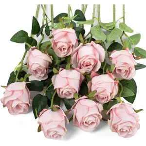 10pcs Artificial Rose Flowers Long Stem Fake Silk Roses for DIY Wedding Bouquet Table Centerpiece Home (Light Pink)