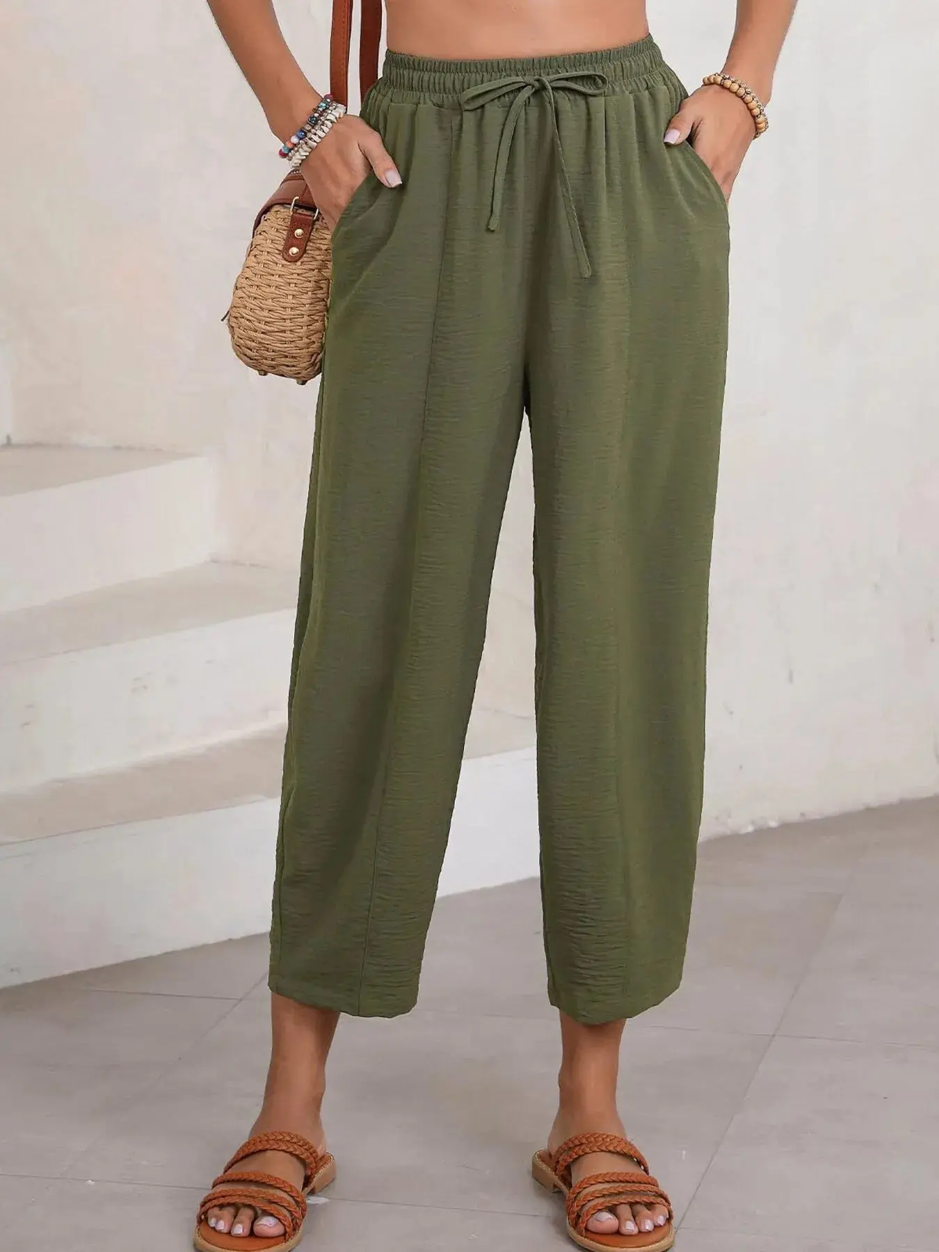 Full Size Drawstring Wide Leg Cropped Pants Plus Size