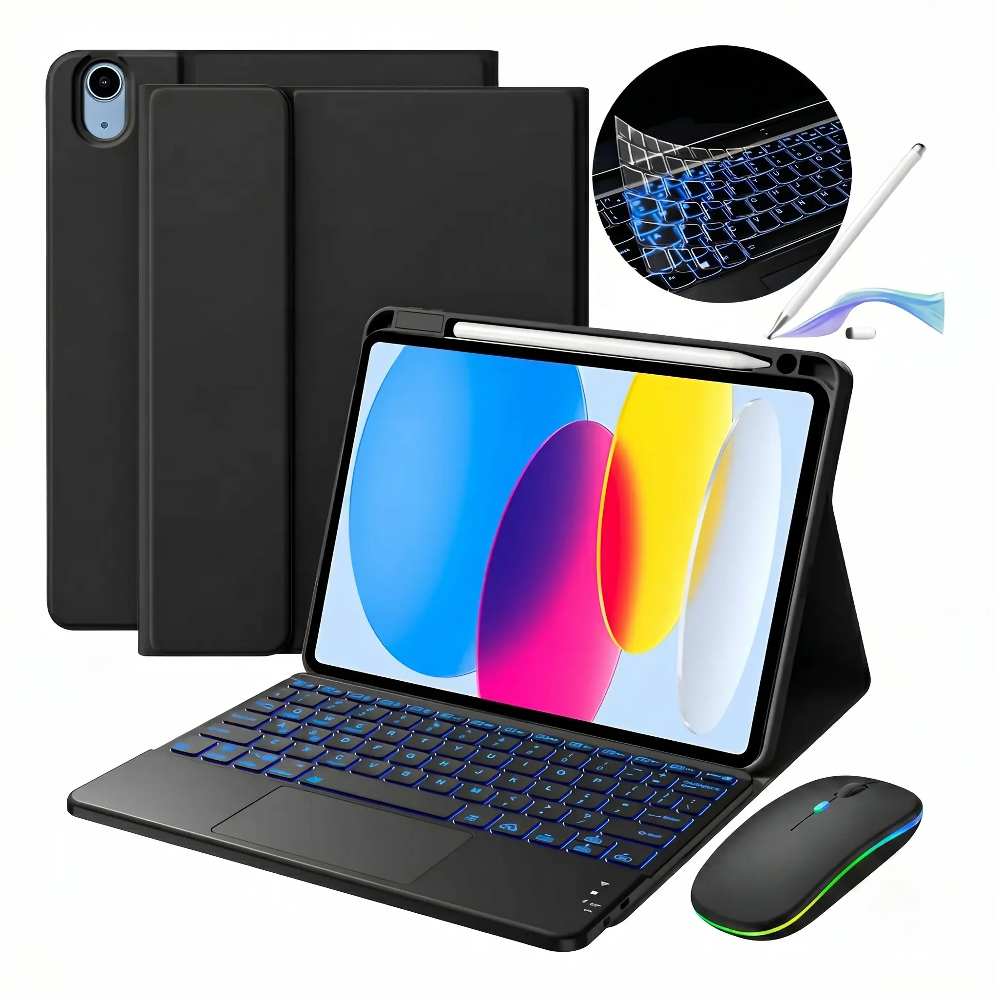 Magnetic Keyboard Case for iPad 11th Gen A16 11-inch 2025 & iPad 10th Generation 10.9-inch 2022, Bluetooth Touchpad Keyboard with 7-Color Backlit, Protective Case, Wireless Mouse, Stylus Pen & Keyboard Protector