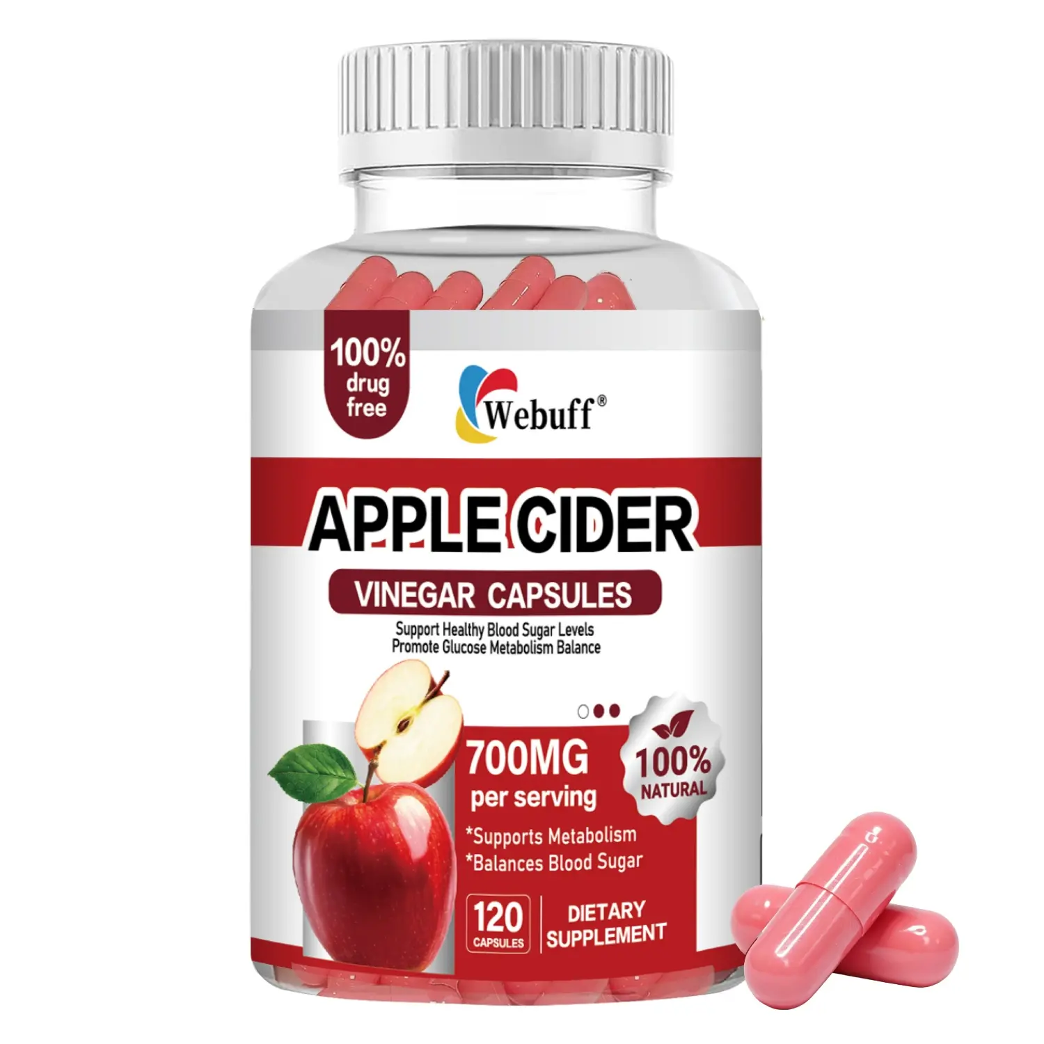 Apple Cider Vinegar Capsules 700 mg—Rich in Vitamin B12 and probiotics, helps relieve bloating. Vegan, plant-based, non-GMO, gluten-free, gelatin-free—120 capsules