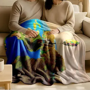 1 piece Minecraft pixel-style cozy cottage and hot air balloon scenery themed flannel blanket - Modern design flannel blanket, suitable for sofas and beds, all-season use, super soft and comfortable, digital printing, 100% polyester material