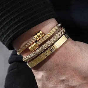 3Pcs/Set Stainless Steel Bracelets for Men Gold Roman Numeral Bangle Bracelet Twisted Cable Bracelet Adjustable Cuff Bracelet Mens Luxury Jewelry Bracelets Gifts