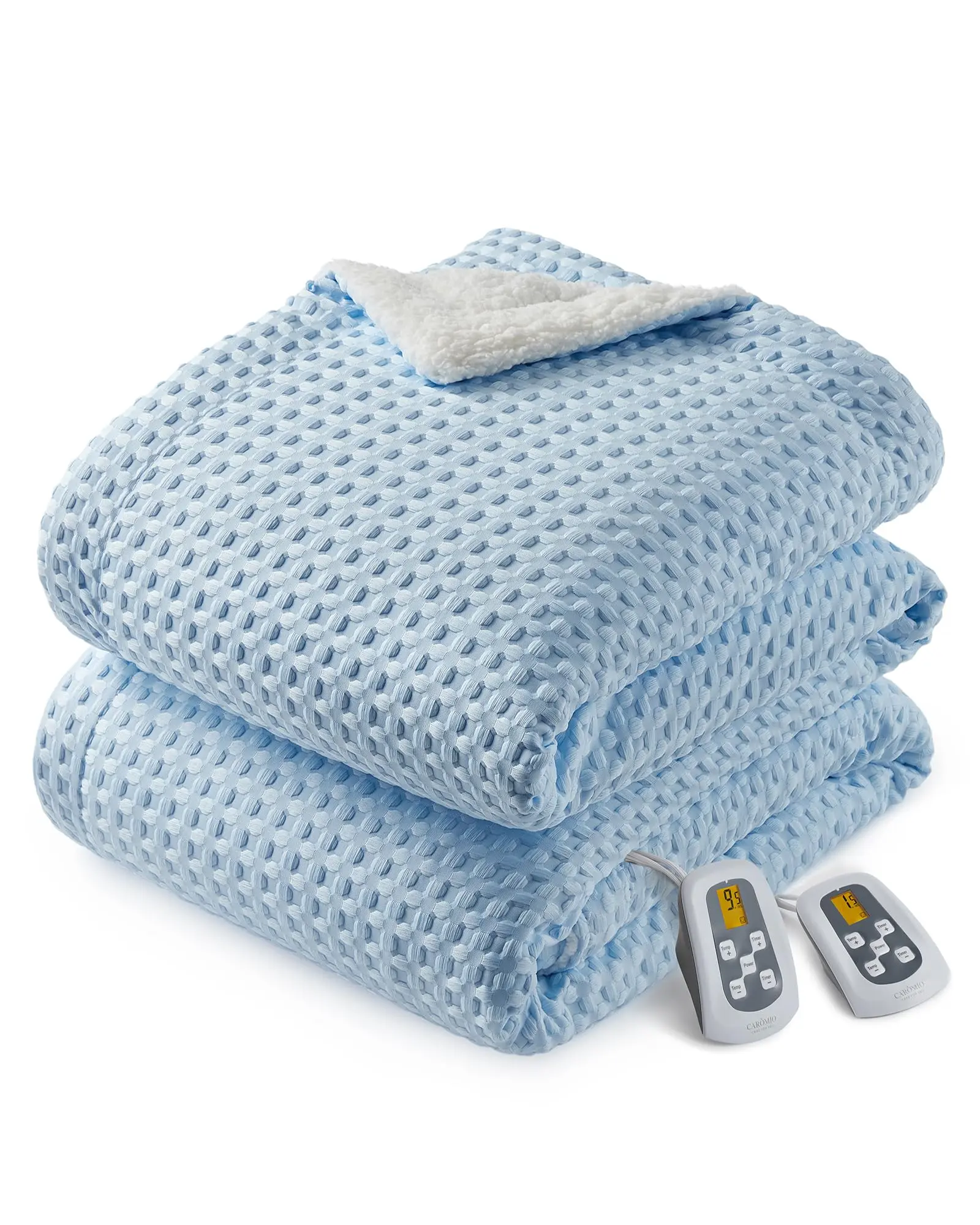 Waffle Weave Velvet Heated Electric Throw Blanket - 50" x 60" Light Blue, LCD/LED Display Heating Control, 6 Heat Levels, 4-Hour Auto Shut Off, ETL Certified, Energy-Saving, Long Power Cord, Secure, Cozy Setup Fluffy Blanket, Machine Washable