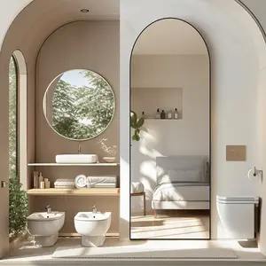 Arched Full Length Mirror For Bedroom, 64"x21"/59"x16" Size With Stand, Tall Full Body Mirror, Hanging Or Leaning For Wall, Aluminum Alloy Thin Frame Floor Standing, Round