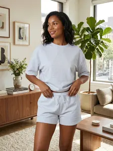 Elengatine Women’s Basic Stretchy 2-Piece Minimalist Street Style Lounge Set - Short-Sleeve Crew Neck Top, Adjustable Tie Waist Loose-Fit Shorts, Breathable Lady Summer Outfit for Beach & Everyday Wear