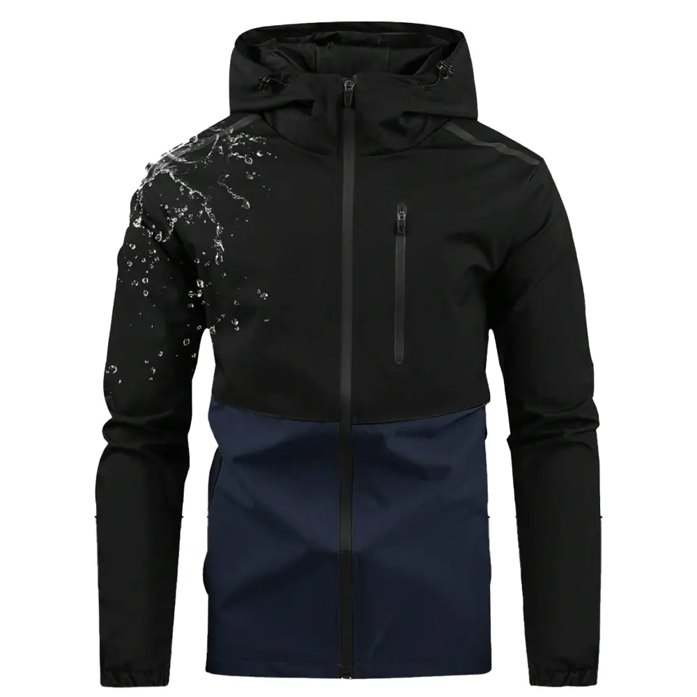 Men’s functional waterproof outdoor windbreaker for autumn/winter, water-repellent jacket with color‑block design, hooded zip‑up outerwear for outdoor sports