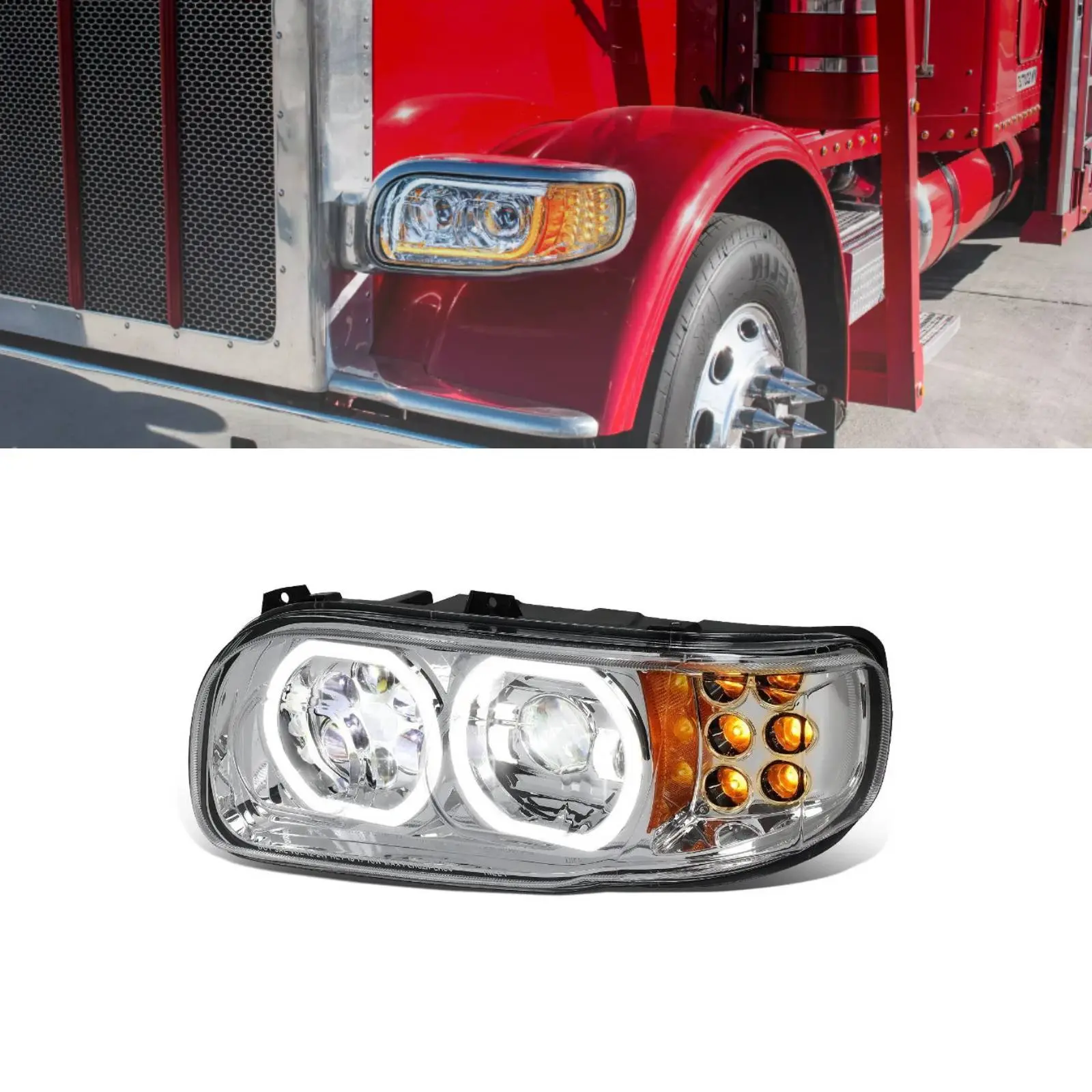 1 x Left (Driver) Side LED Headlamp - Chrome Housing, OEM Fitment, DOT SAE Approved, LED Front Lights Replacement for 2008-2022 Peterbilt 388, 389, 567 Semi Trucks (TRH510101CL)