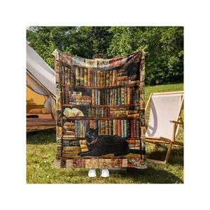 1pc Vintage Bookshelf & Cat Plush Fleece Blanket - Soft Flannel All-Season Cozy Throw With Bookshelf Design, Machine Washable Contemporary Style Bedspread For Sofa, Office, Book Lover Gift For Adults, Home, Camping-30*40in