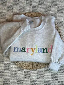EMBROIDERED  Colorful Maryland Sweatshirt, Multicolor Embroidered Crewneck, Custom Embroidered Sweatshirt, Embroidered Gift For Women Womenswear Cute