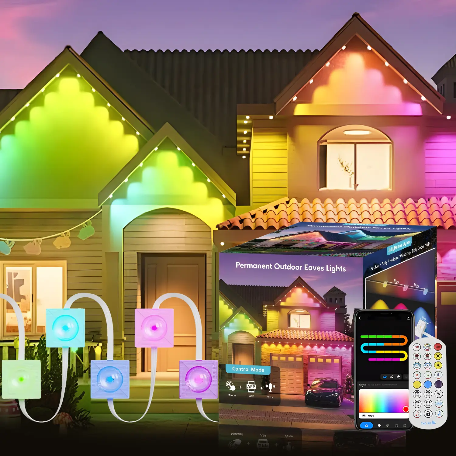 GALENTAL RGBIC Plus Edition Permanent IP67 Waterproof Smart Outdoor Eaves Lights, Works with Alexa & Google Assistant, 75 Scene Modes, Music Sync, Remote & Bluetooth App Control, 16M Colors for Holiday & Everyday Decor