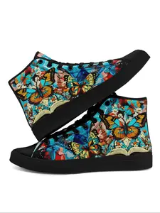 Women's Fashionable Butterfly Print Lace Up Front Canvas Sneakers, Casual Comfortable Soft Bottom Skateboard Shoes, All-match Round Toe Sports Shoes for Daily Wear