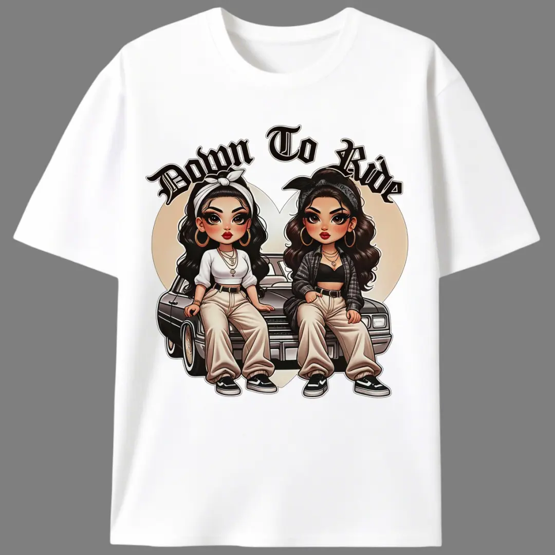Down To Ride Chicana Lowrider Women’s Graphic Tee |     Latina Chicano Streetwear Casual Girl's T-Shirt |     Summer Car Culture Gift