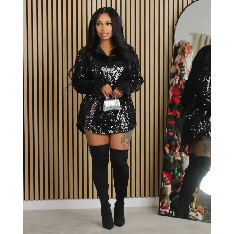 Summer Autumn 2025 New American Women's Stretch Solid Color Sequin Loose Long Sleeve Micro Trumpet Shirt Dress Casual Light Womenswear Check Clothes Formal White_Black Gamis