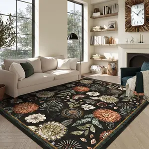 Washable Floral Rug Distressed Print Carpet with Non-slip Backing for Bedroom Dining Room Living Room Home Decoration