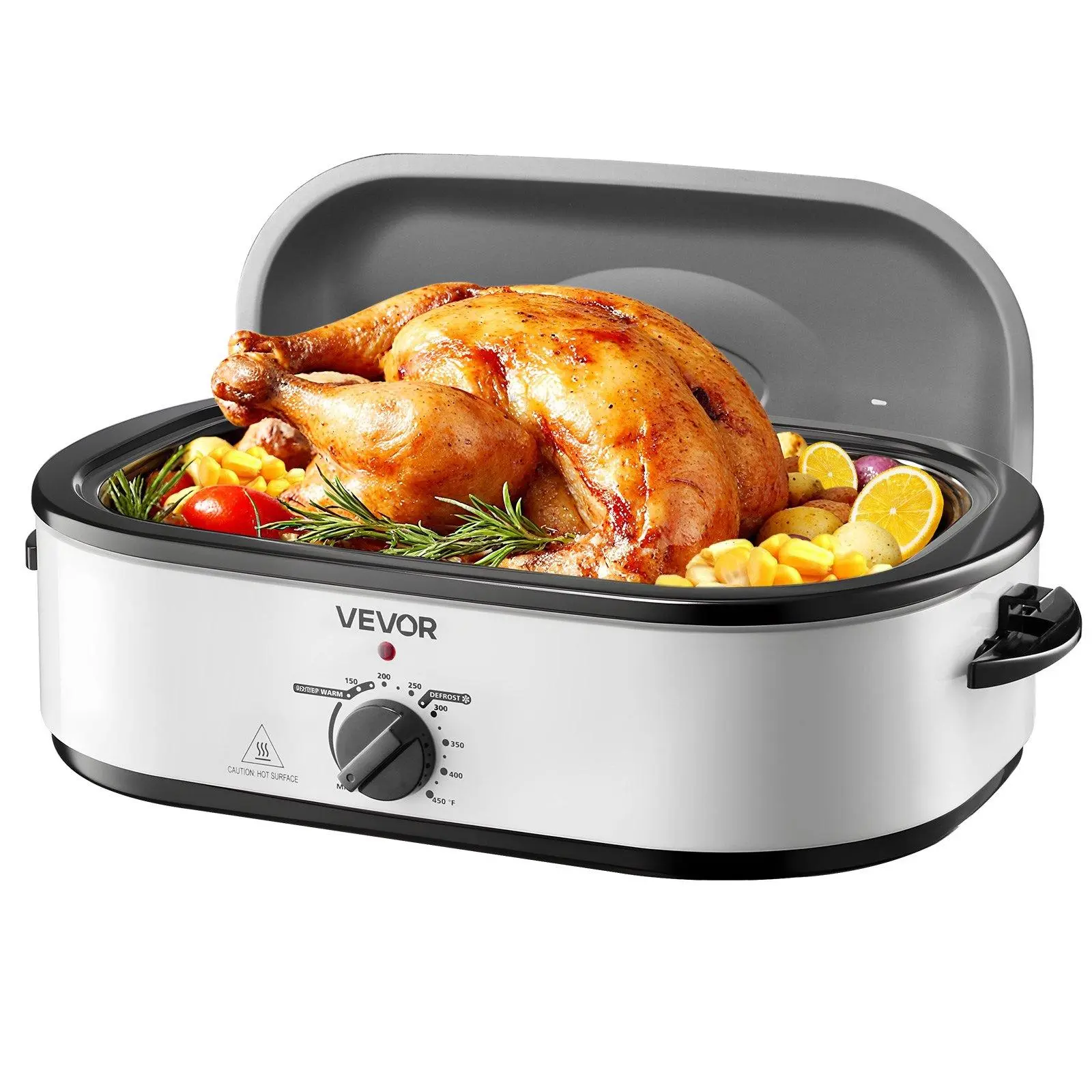 【toolupgrade】VEVOR 18QT Electric Roaster Oven with Metal Roasting Pan, 150℉ to 450℉ Adjustable Thermostat, Self-Basting Cover, Removable Pan & Rack, Even Steam Basting for Crisp Skin & Juicy Full-Size Roasts, Turkey-Size Space, Warmth on Hold, Holiday Use
