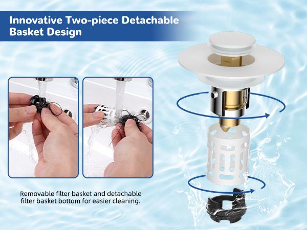 Hibbent Upgraded 3 in 1 Bathroom Sink Drain Strainer, Universal Pop Up Stopper with Removable Stainless Steel Filter Basket Hair Catcher, Sink Plug for 1.1''~2.36'' Basin, Brass Bullet Core, White
