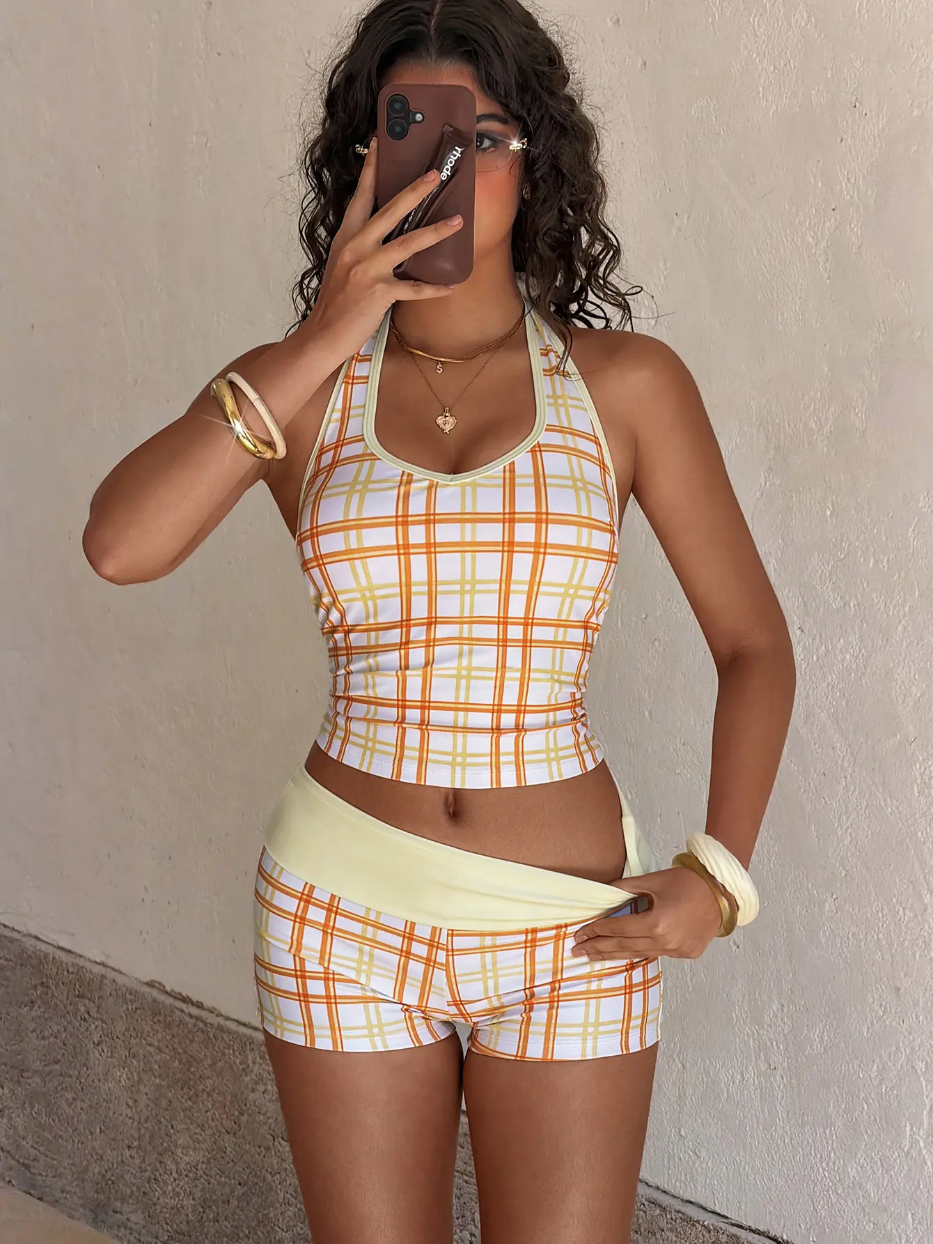 Women's Sporty Plaid Print 2-Piece Halter Swimwear, High-Waisted Boy Shorts Bathing Suit Set for Beach Volleyball, S, Plaid Print Swimsuit