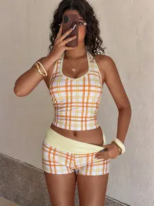 Sporty Beige Plaid 2-Piece Swimsuit – Halter Neck Top & High-Waisted Boy Short Bottom with Wide Waistband, Perfect for Water Parks & Beach Volleyball
