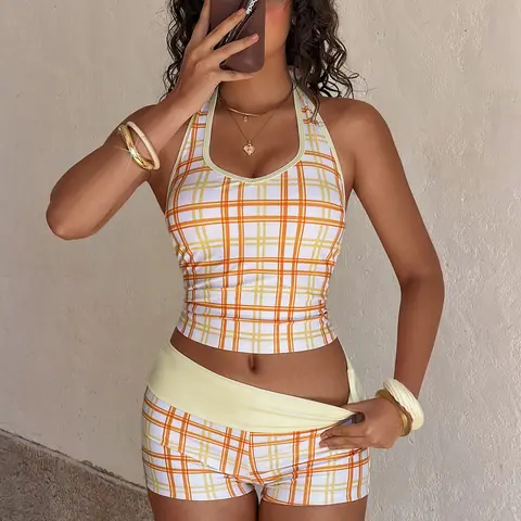 Women's Sporty Plaid Gingham 2-Piece Halter Bikini Set - High Waist Wide Waistband Boy Shorts, Volleyball Ready Swimwear with Sporty Look, Ladies Beachwear, Size S