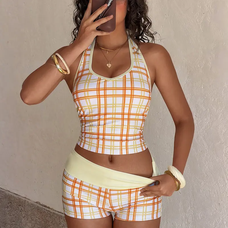 Women's Sporty Plaid Gingham 2-Piece Halter Bikini Set - High Waist Wide Waistband Boy Shorts, Volleyball Ready Swimwear with Sporty Look, Ladies Beachwear, Size S