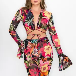 Floral Mesh Two-Piece Bell Sleeve Set for Effortless Style and Bohemian Flair