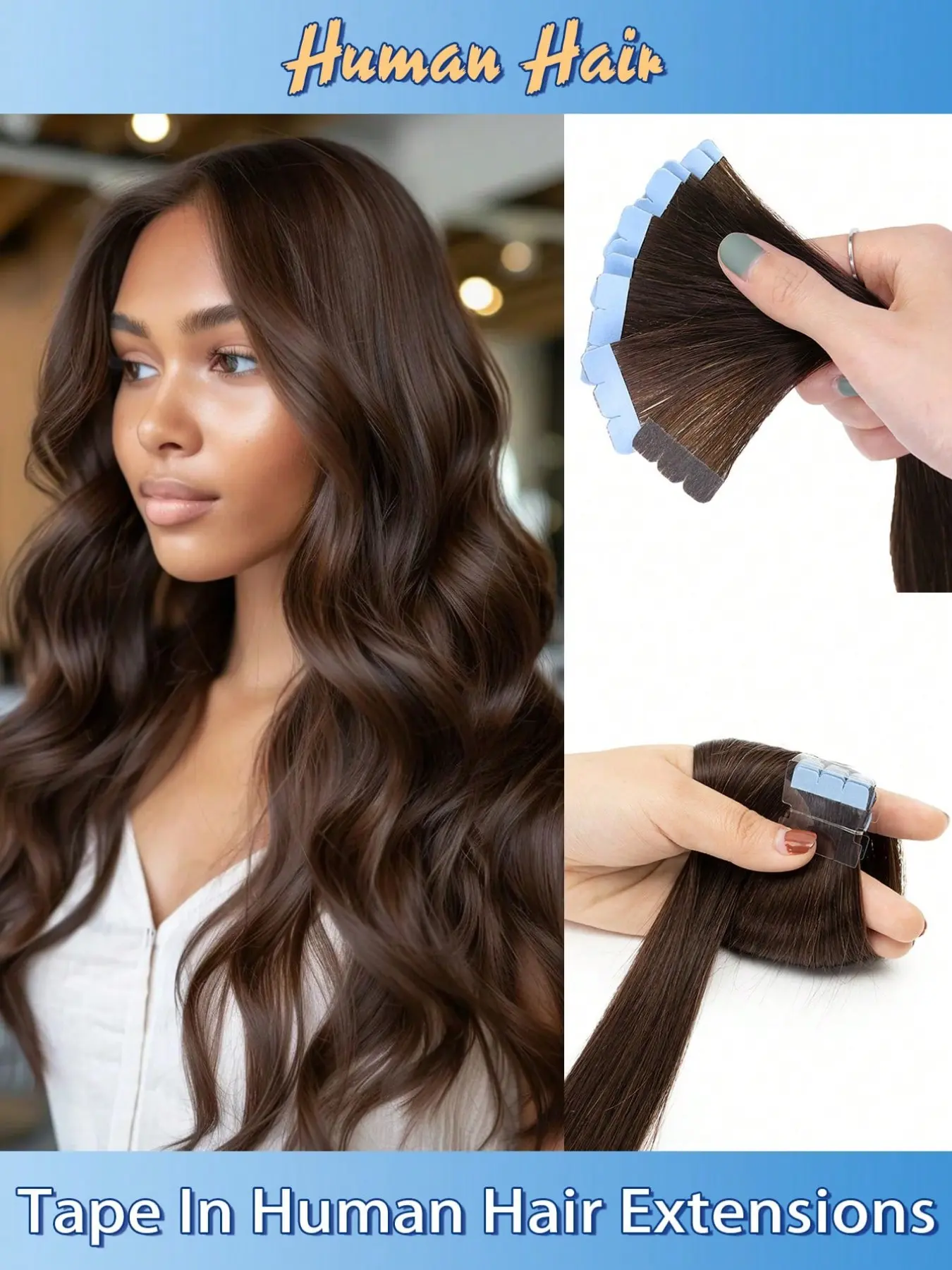 10 Pieces Real Human Hair Extensions with Invisible Adhesive Mini Tape for Women, 30g/Pack, Designed for Hair Weaving And Installation