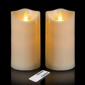 Flameless Candles 3"D X 6"H Set of 2 Outdoor Indoor Pillars  Operated Flickering Candles Include 8-Key Remote Timer Function,  Plastic Pillar Candles for Aniversary, Christmas Decor