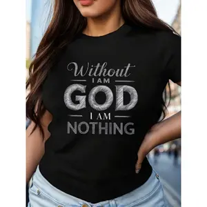 GOD Print Crew Neck T-Shirt, Casual Short Sleeve T-Shirt For Spring & Summer, Women's Clothing Top Womenswear