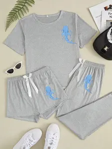 Blue Whale Shark Three-Piece Home Wear Set, Cartoon Pattern, Loose-Fitting, Casual Style, All Seasons, Comfortable Lounge