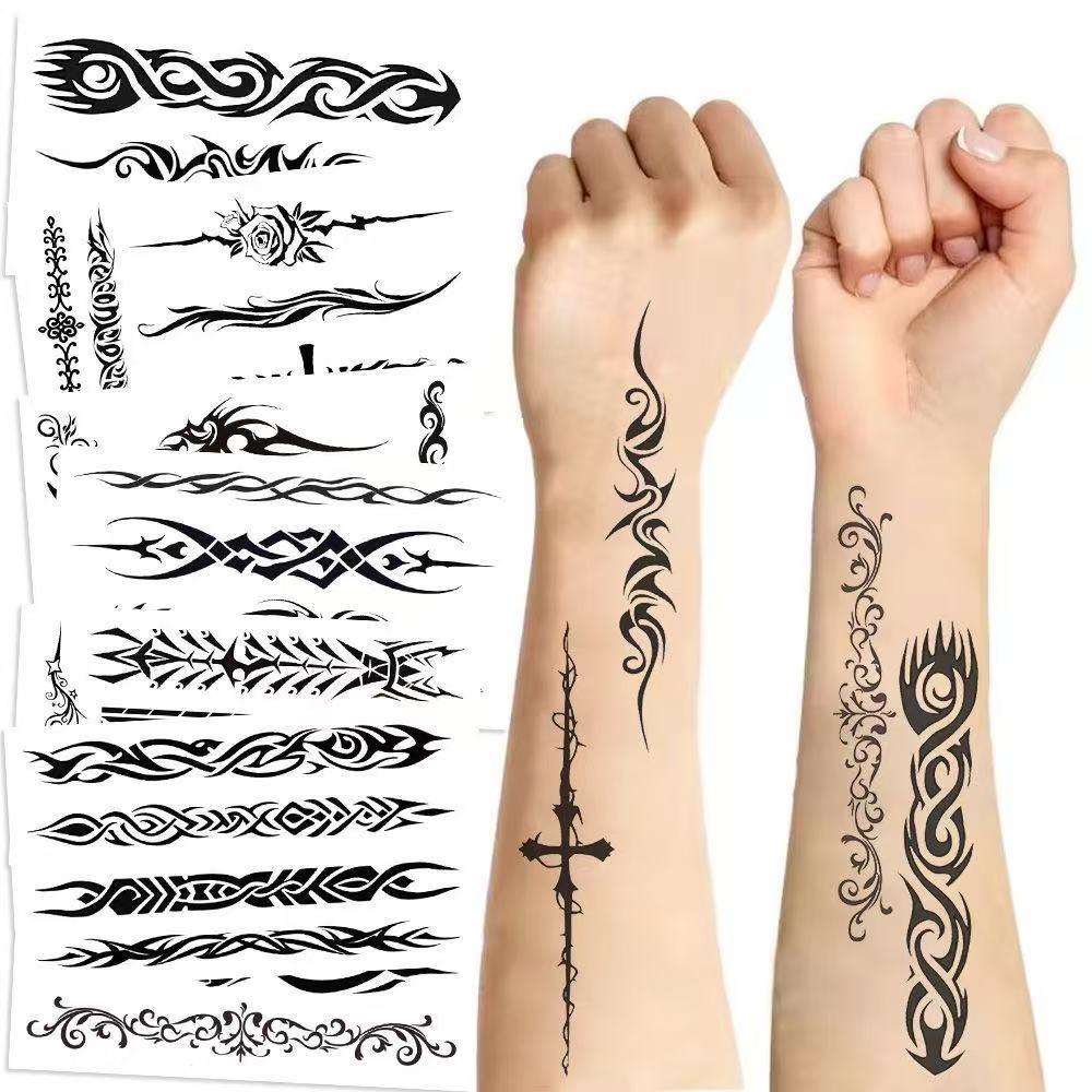 Cool, Dark-Themed Black-and-White Tribal Rune Symbol Totem Tattoo Stickers – Realistic Semi-Permanent Waterproof Tattoos