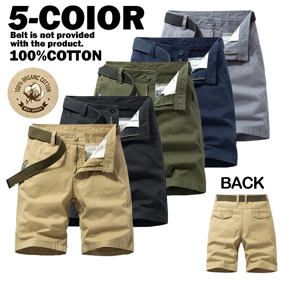 Men Vintage Cotton Cargo Shorts Mid Waist Straight Knee Chino Bottoms Loose Fit Soft Breath Summer Multi Pocket Casual Pants Outdoor Hiking Walking Daily Travel Trendy Male Streetwear Light Solid Color Daily Holiday Weekend Daily Casual Walking Beige