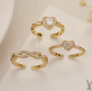 Corazon Anillo Abierto Oro Laminado 18K / Heart Shape Copper 18k Gold Plated Zircon Open Ring