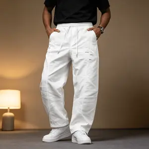 Men's Ultra Baggy White Parachute Pants, Elastic Waist Streetwear Wide Leg Trousers for Hip Hop, Casual Daily & Club Party outdoor workout short