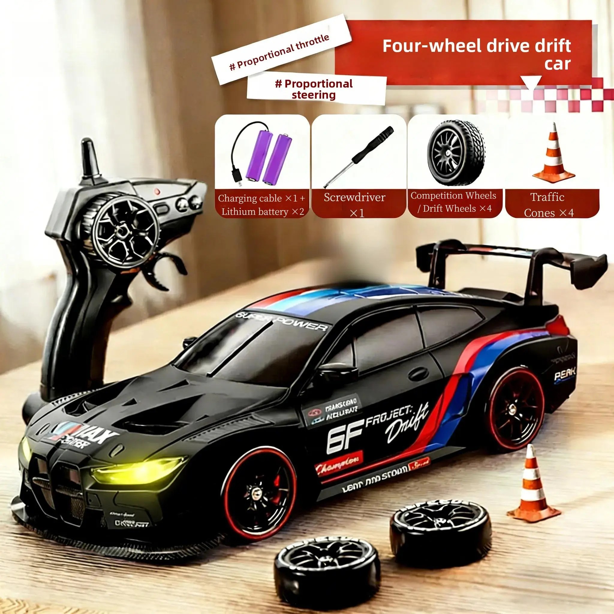 2.4GHz 4WD RC Drift Car - Full Proportional High Speed, LED Lights, Electric Remote-Controlled Toy for Backyard Racing, Kids' Christmas Present, RC Cars for Children Development & City Simulation