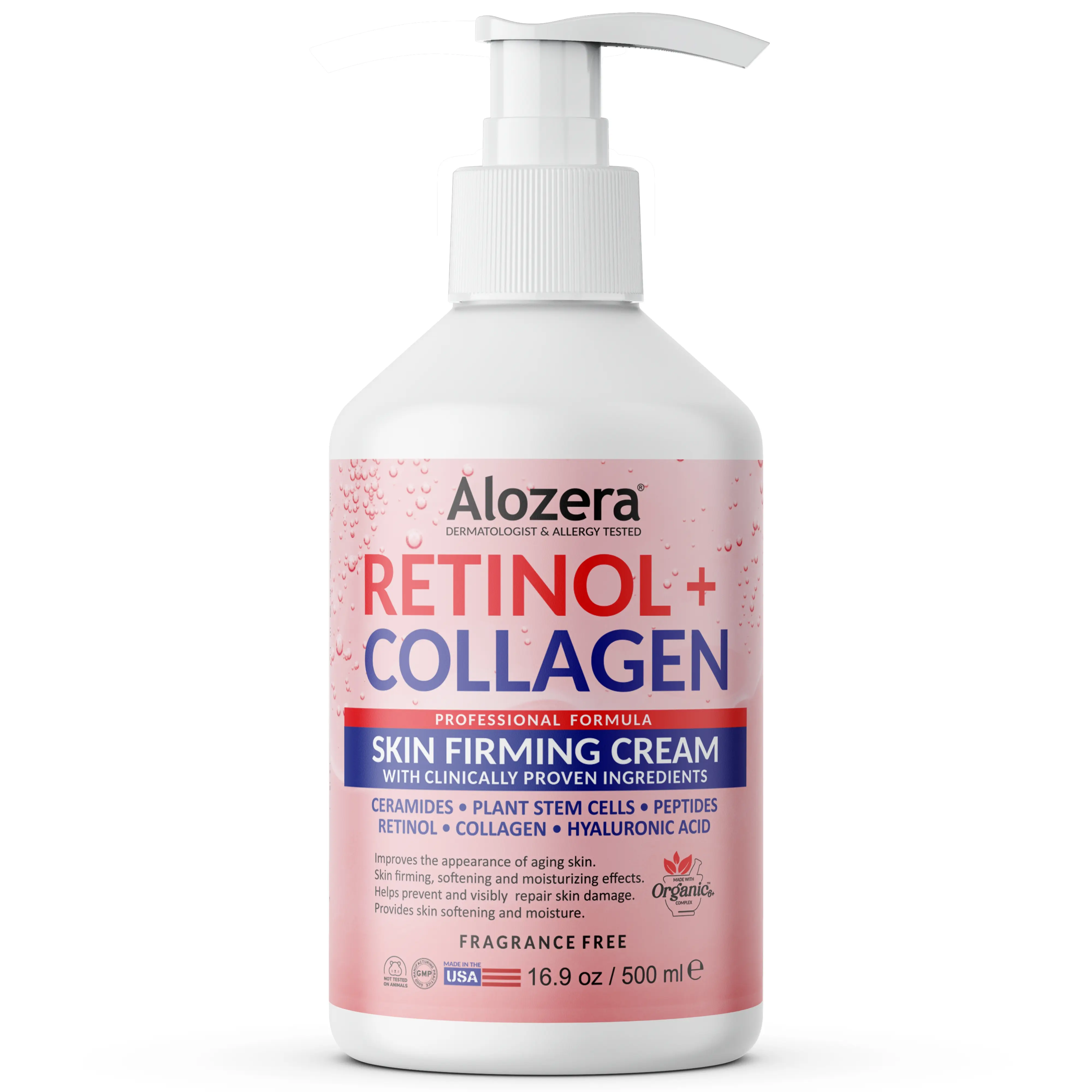 Alozera Skin Firming Retinol Collagen Body Lotion with Stem Cells for Aging Skin and Wrinkles, Non-Greasy, Lightweight Moisturizer, Fragrance-Free, 16.9 fl oz