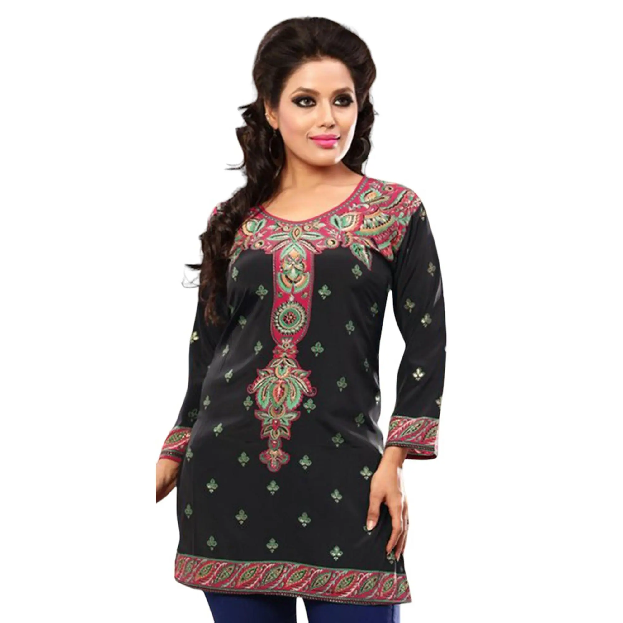 Tunic for Women Printed Short Crape Kurti Kurta Round Neck 3/4 Sleeves Tunic Top. - 1903-34.