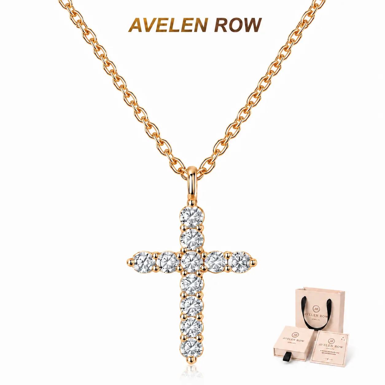 Dainty Gold Cross Necklace for Women, Sparkling CZ Cross Pendant, Christian Jewelry Gift Set with Box