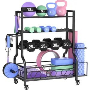 Adjustable Dumbbell Rack, Weight Rack for  Gym Storage,  Gym Storage for Stores Dumbbells, Kettlebells and Yoga Mats,  in  Workout Storage Racks with Wheels and Hooks, Durable  Coated Steel
