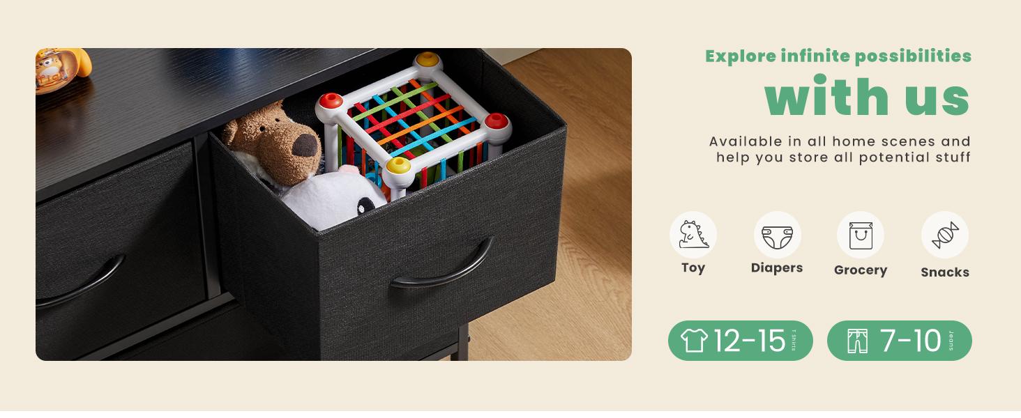 Entertainment Center with 5 Fabric, Media Console Table Open Storage Shelf Dresser for Bedroom/Living Room/Hallway, TV Stand with 5 Drawers