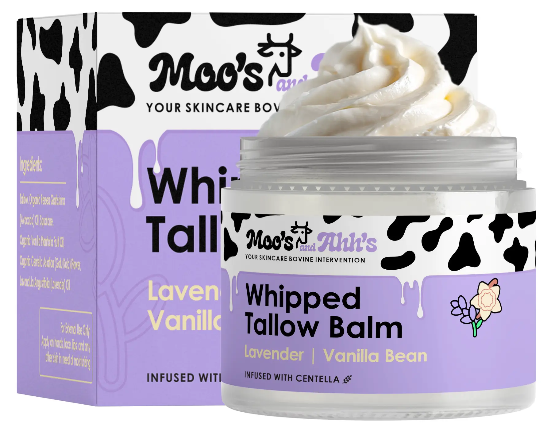 Moo's and Ahh's 100% Natural Whipped Tallow Balm - Beef Tallow for Skin with Organic Centella and Olive Squalane | Grass-Fed Beef Tallow Face & Body Moisturizer for Dry Skin (2 Oz, Lavender + Vanilla Bean) Body Balm