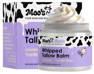 Moo's and Ahh's Whipped Tallow Balm - Beef Tallow for Skin with Organic Centella and Olive Squalane | Grass-Fed Beef Tallow Face & Body Moisturizer for Dry Skin (2 Oz, Lavender + Vanilla Bean)